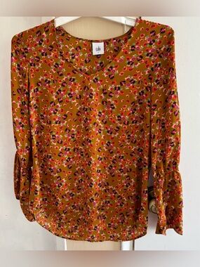 CAbi Mustard Floral V-Neck Blouse with Pink and Black Accents sz  Small